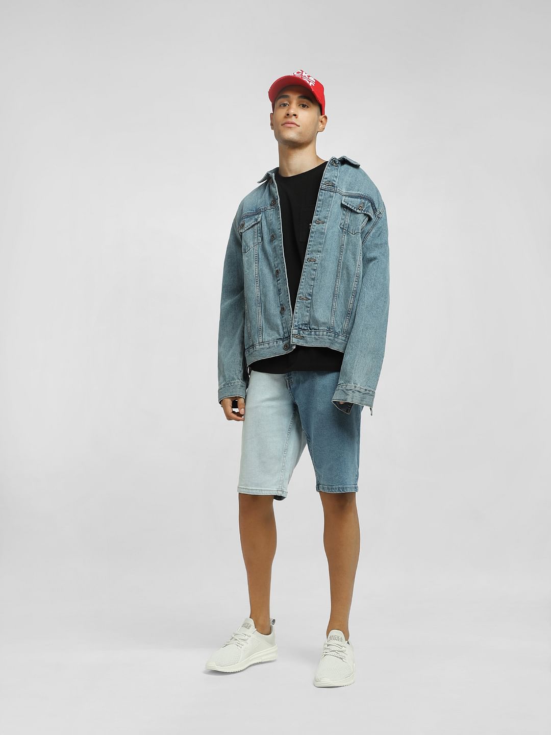 Blue Low Rise Colourblocked Denim Shorts