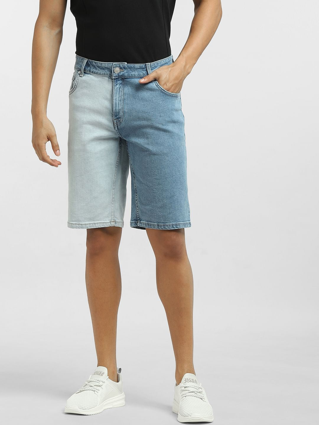 Blue Low Rise Colourblocked Denim Shorts