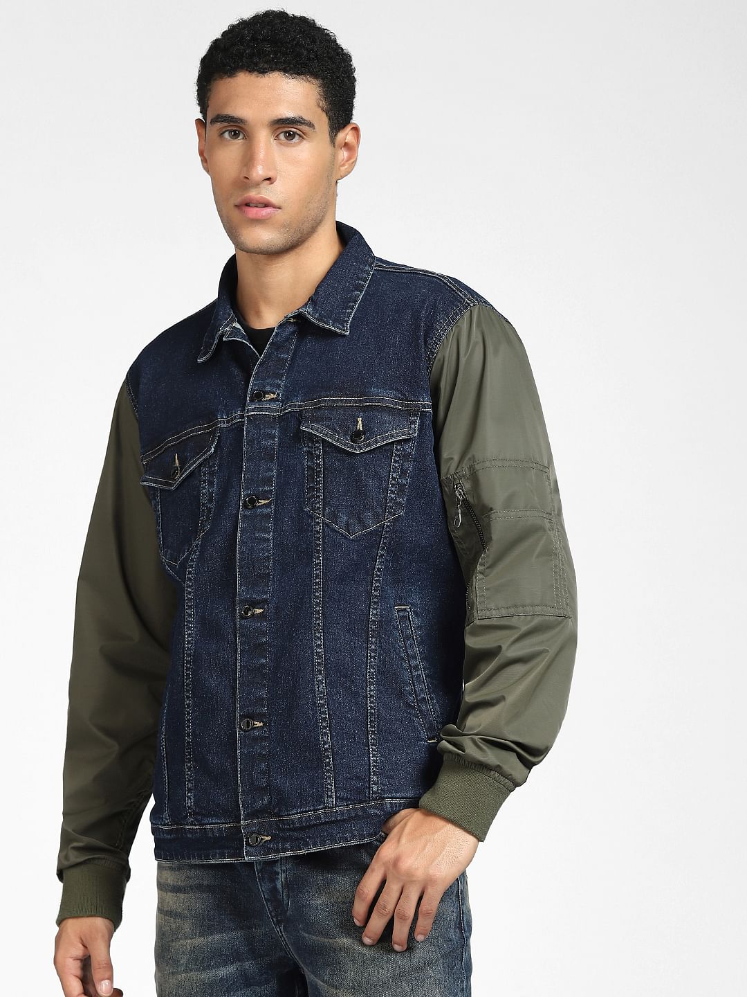 Blue Denim Colourblocked Sleeve Jacket