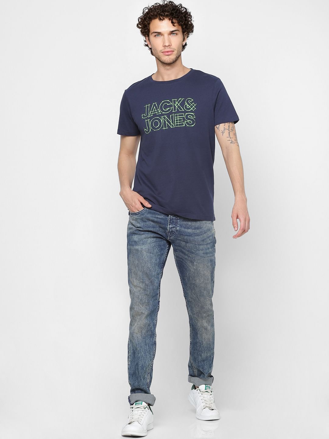Dark Blue Logo Print Crew Neck T-shirt - S