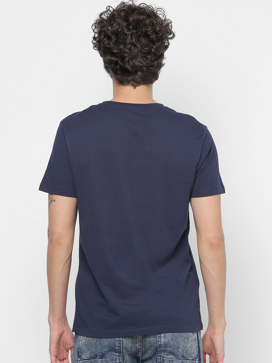 Dark Blue Logo Print Crew Neck T-shirt