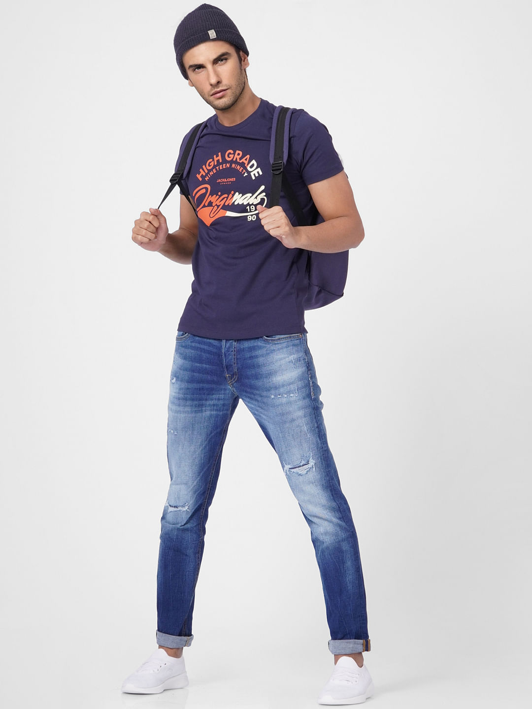 Blue Text Print Crew Neck T-shirt - S