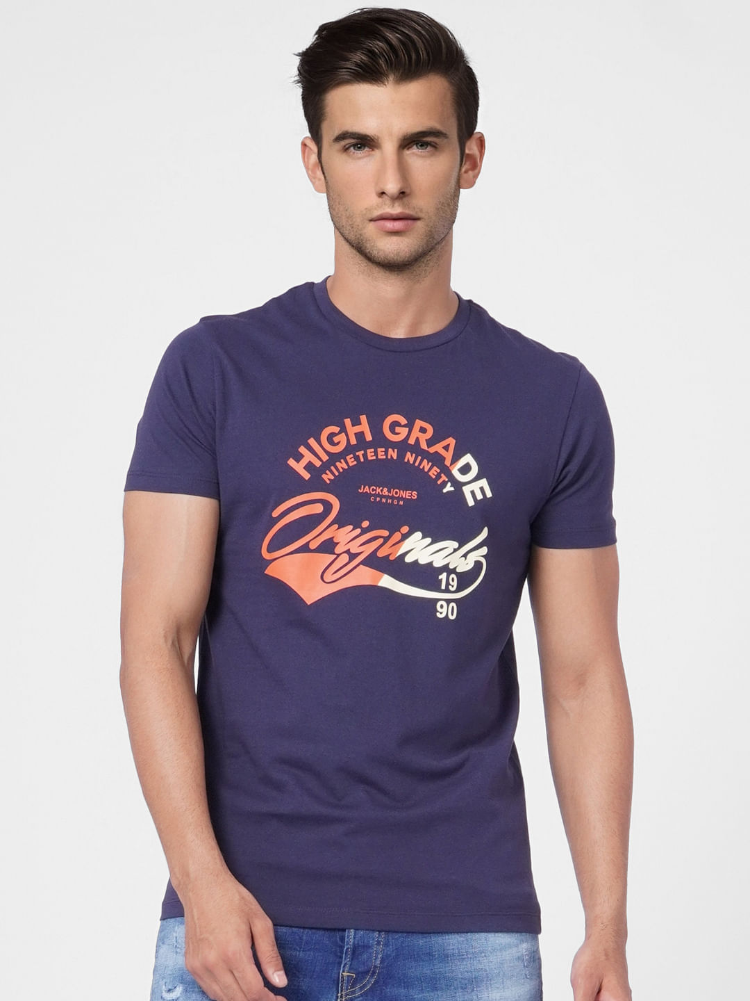 Blue Text Print Crew Neck T-shirt