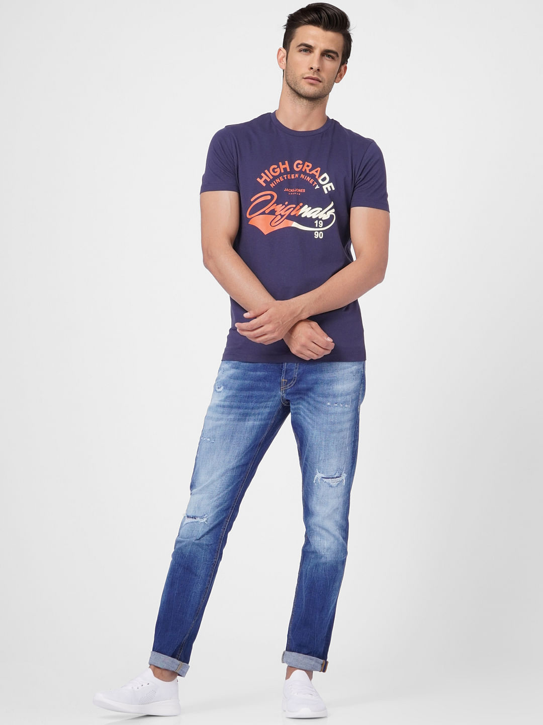 Blue Text Print Crew Neck T-shirt