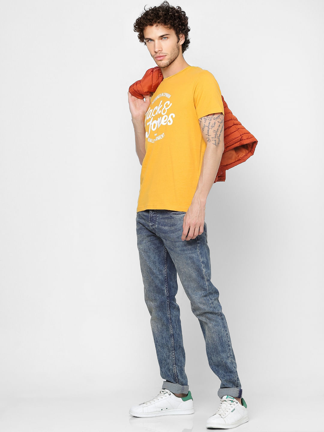 Yellow Logo Print Crew Neck T-shirt - S