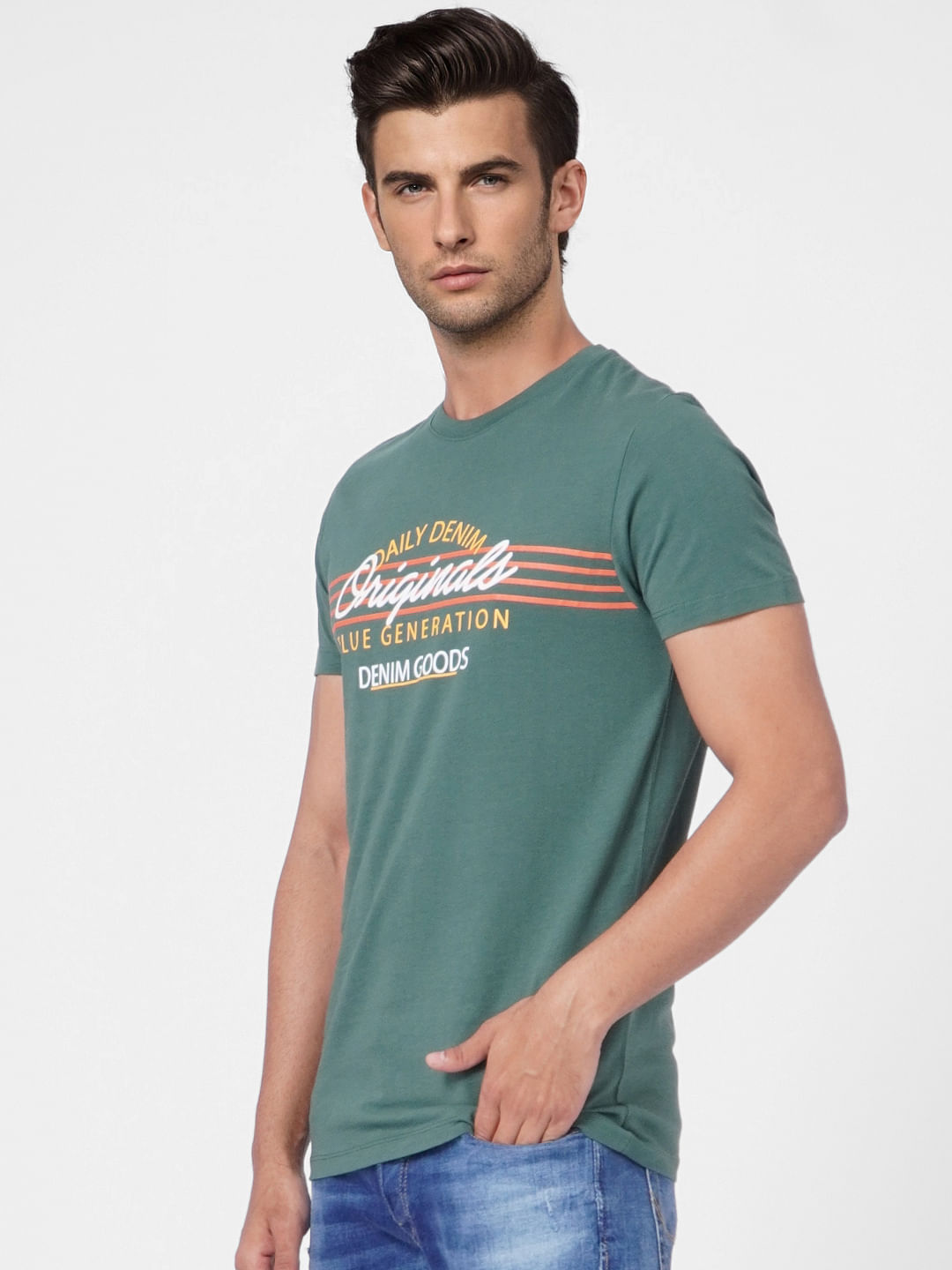 Green Text Print Crew Neck T-shirt
