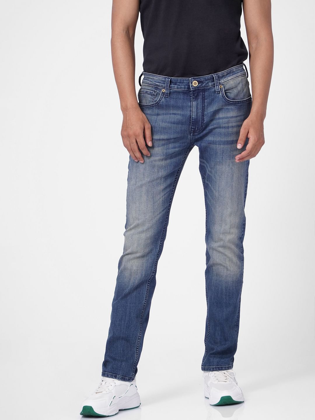 Blue Low Rise Washed Tim Anti Fit Jeans