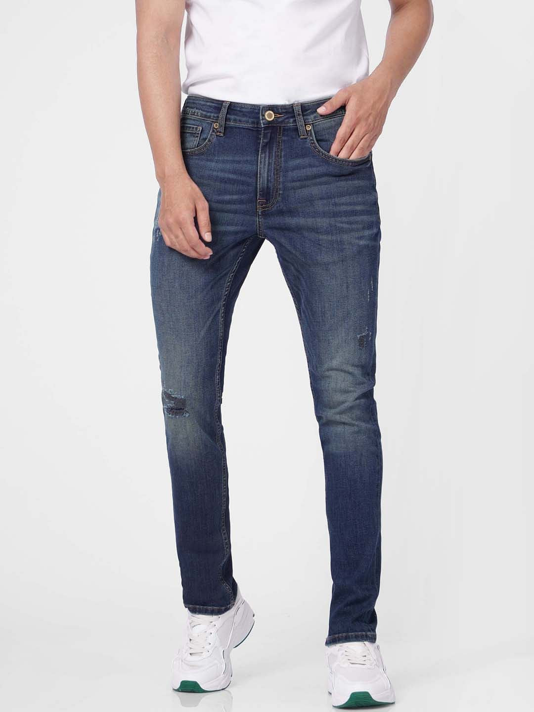Dark Blue Low Rise Distressed Glenn Slim Fit Jeans