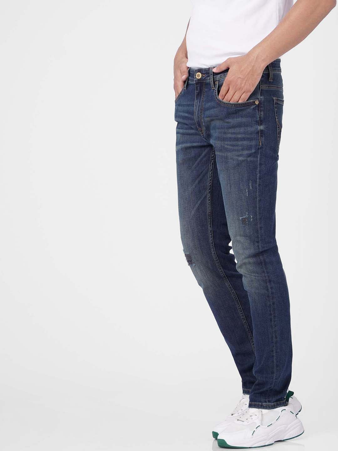 Dark Blue Low Rise Distressed Glenn Slim Fit Jeans