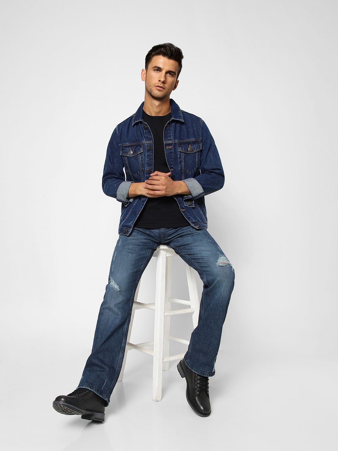 Dark Blue High Rise Distressed Bootcut Jeans - 28/30