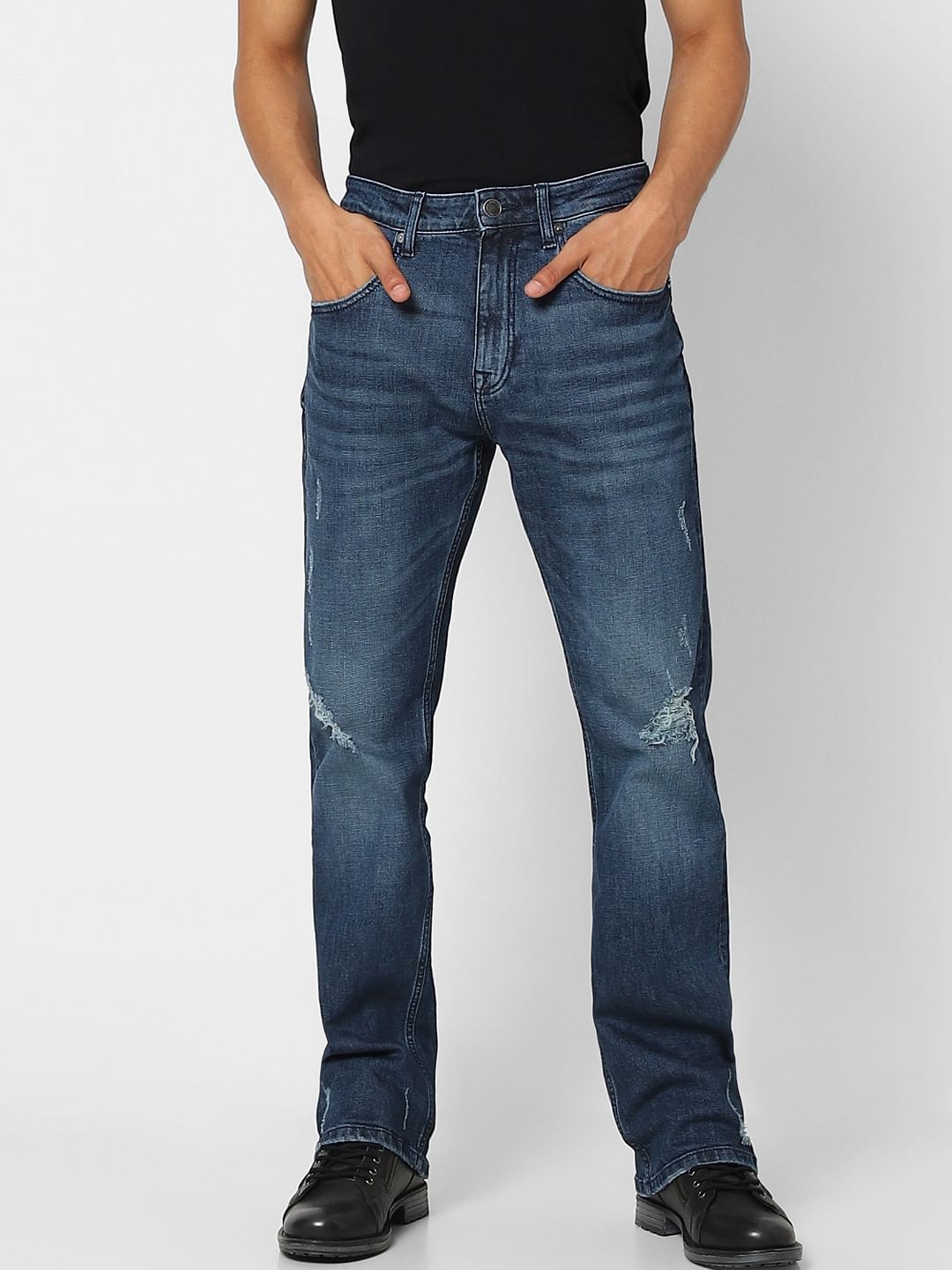 Dark Blue High Rise Distressed Bootcut Jeans