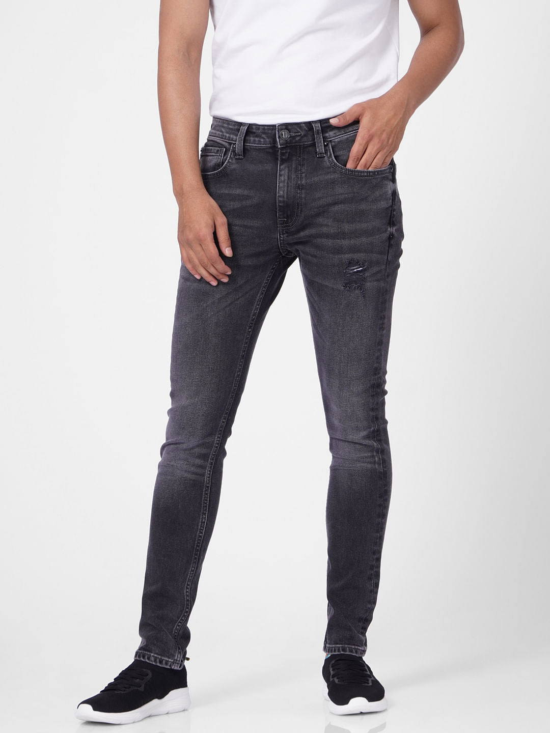 Grey Low Rise Distressed Skinny Jeans