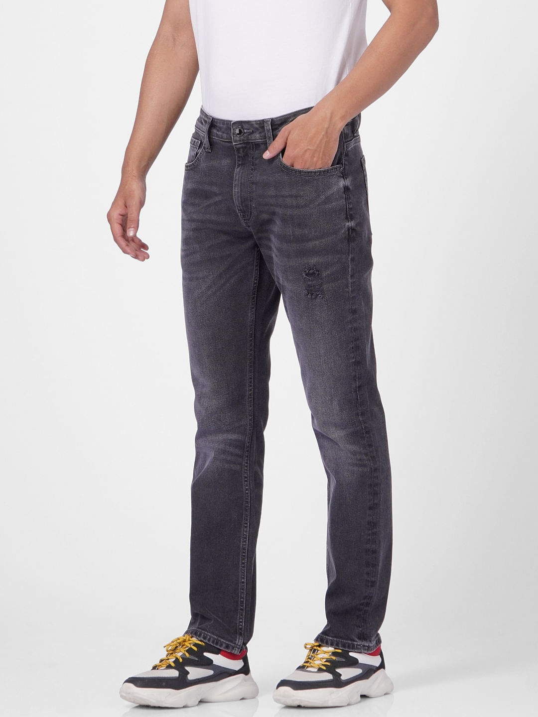Black Mid Rise Distressed Clark Regular Fit Jeans