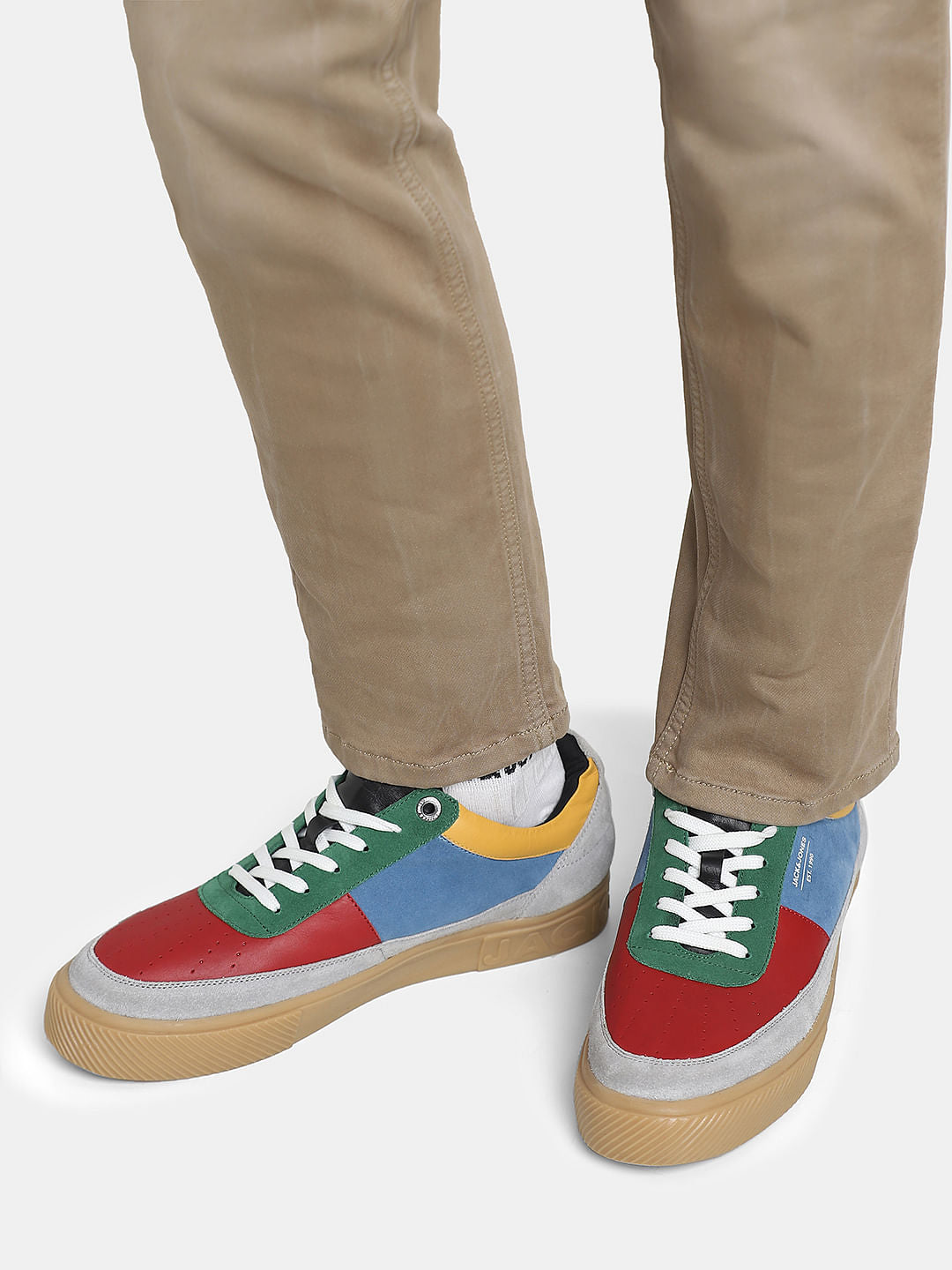 Red Colourblocked Leather Sneakers