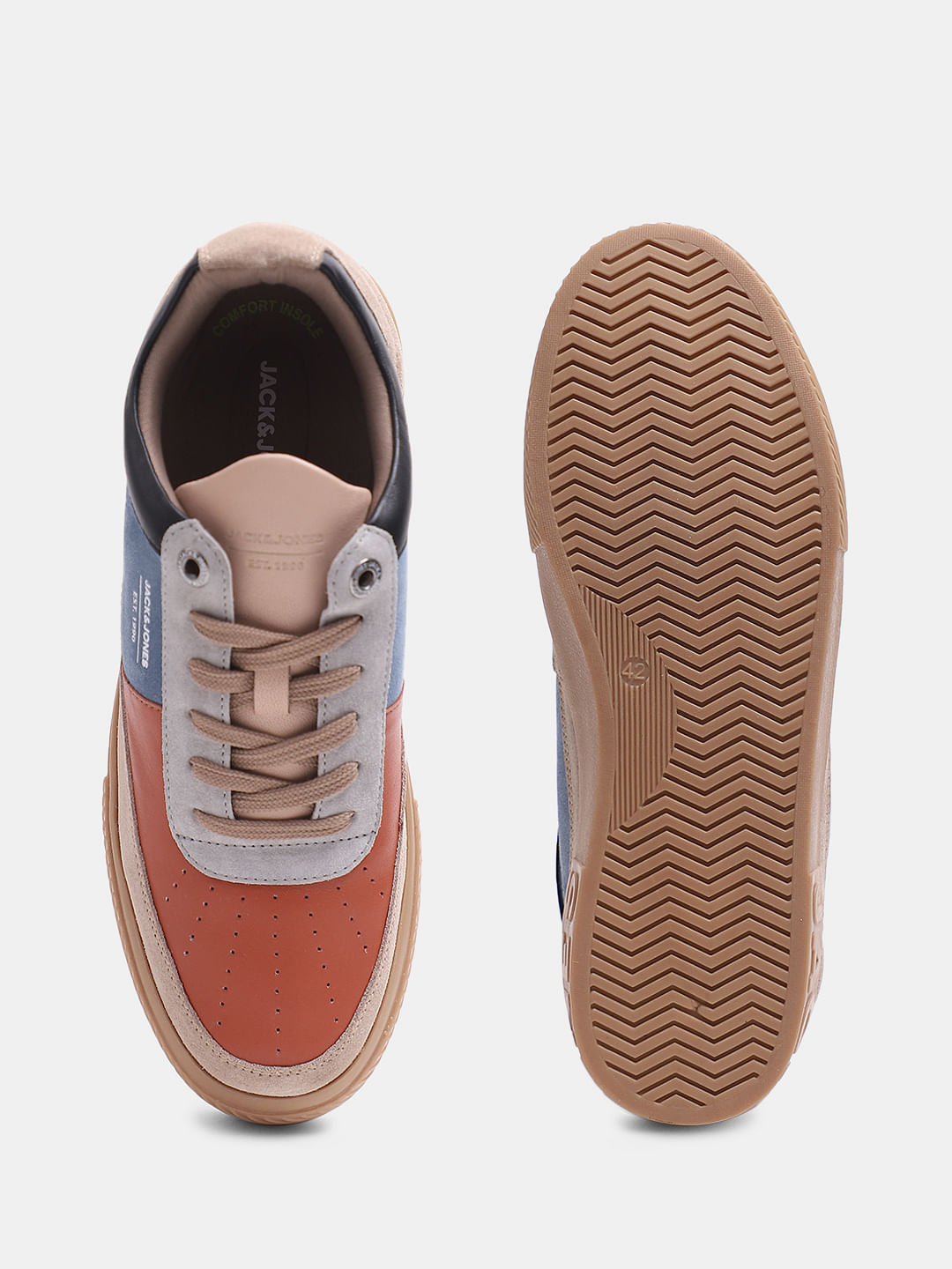Beige Colourblocked Leather Sneakers