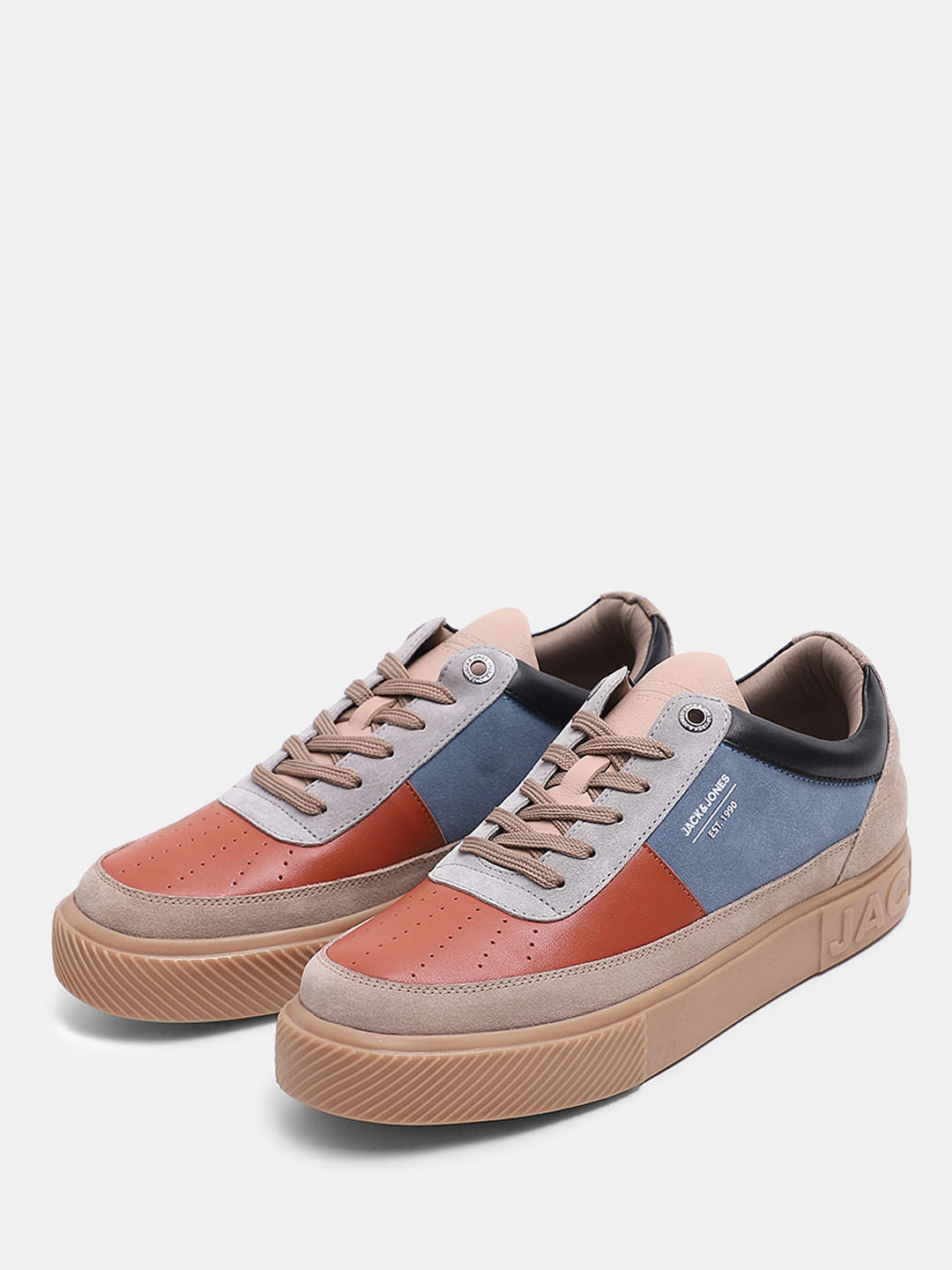 Beige Colourblocked Leather Sneakers