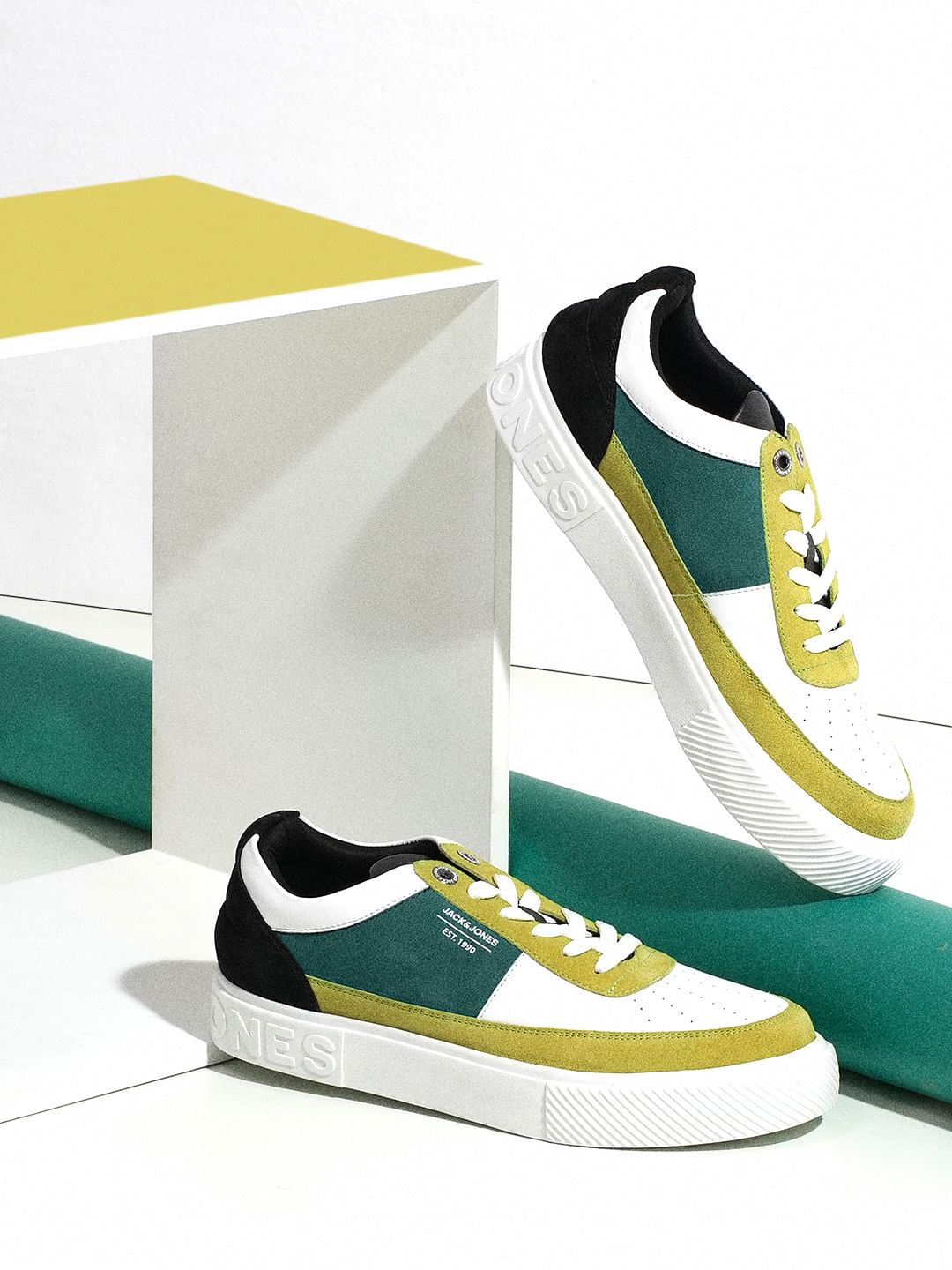 White Colourblocked Leather Sneakers