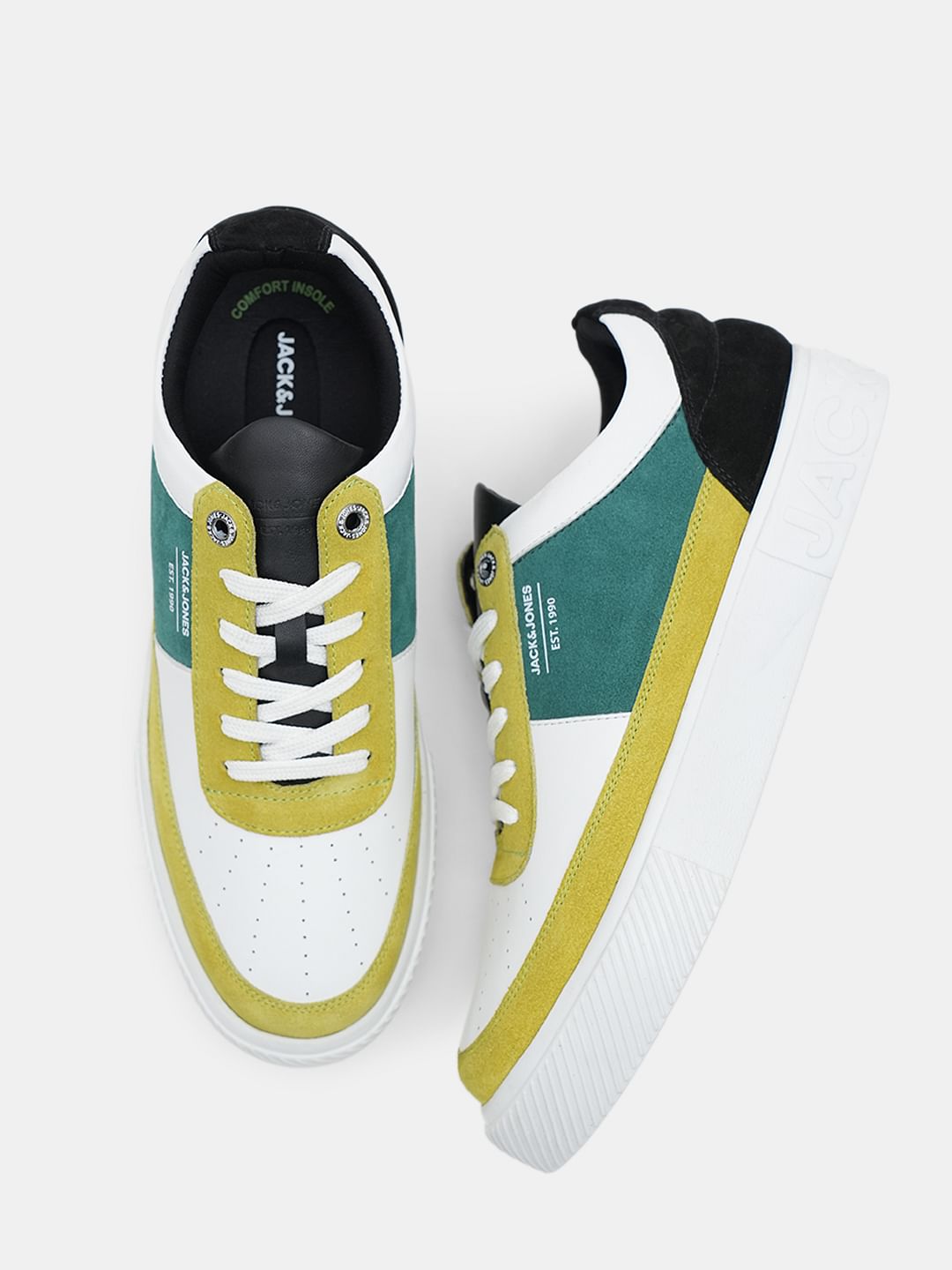 White Colourblocked Leather Sneakers