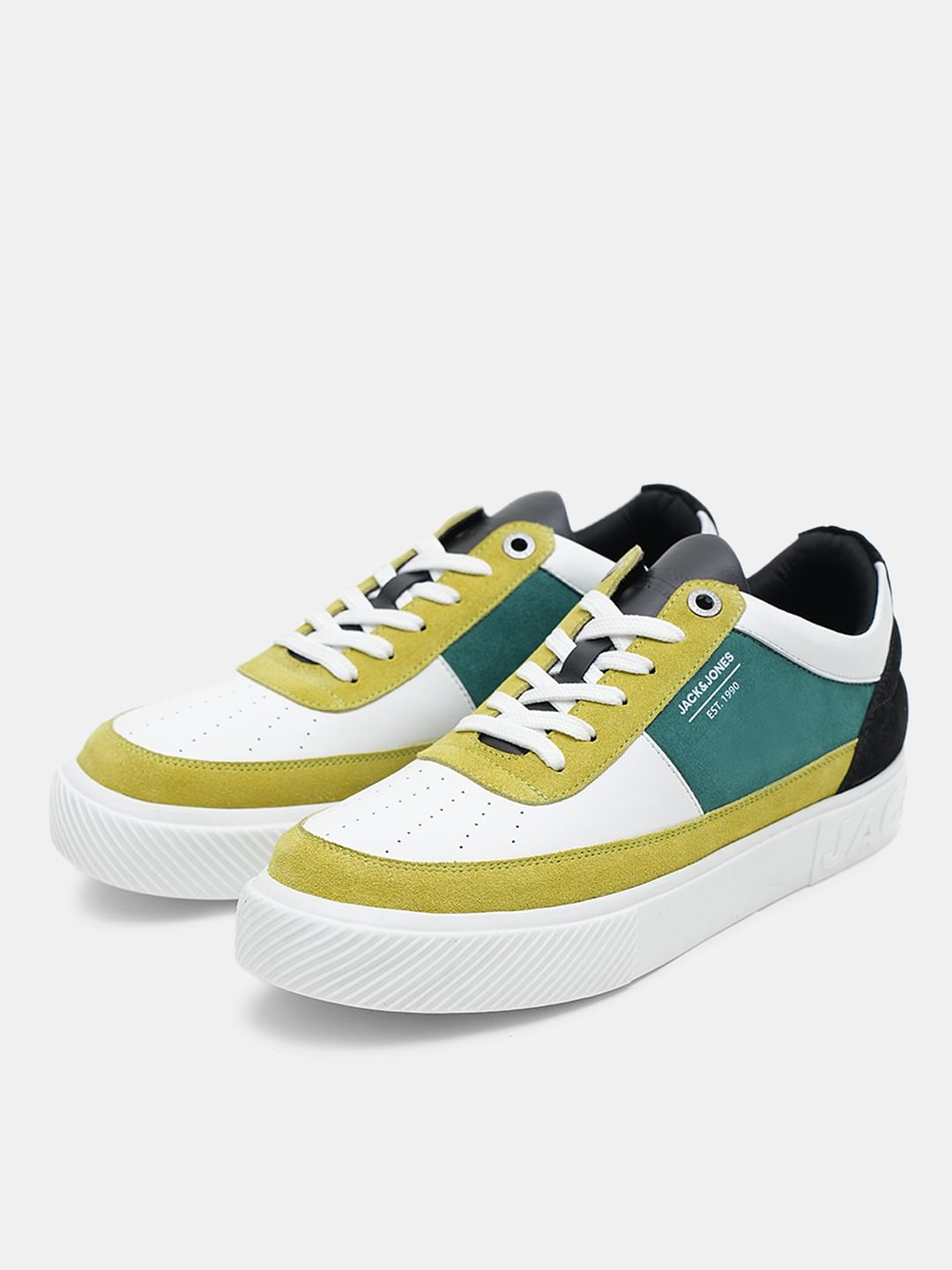 White Colourblocked Leather Sneakers