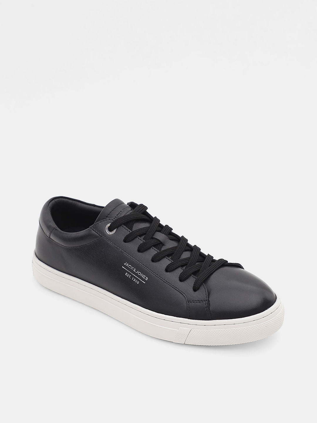 Black Leather Lace-Up Sneakers