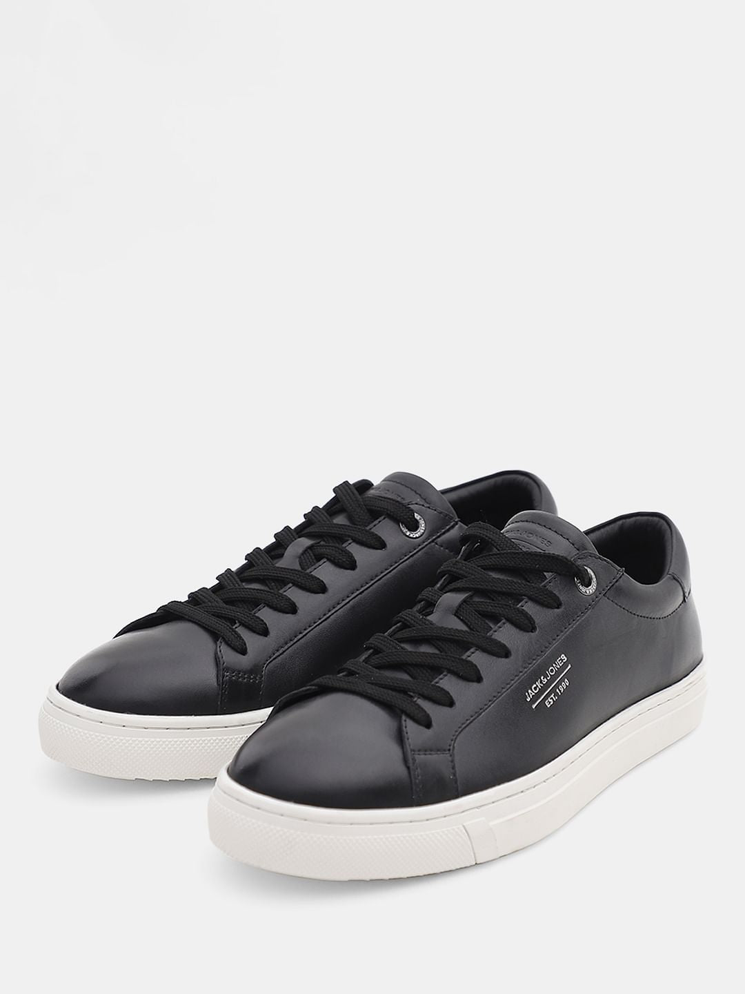 Black Leather Lace-Up Sneakers