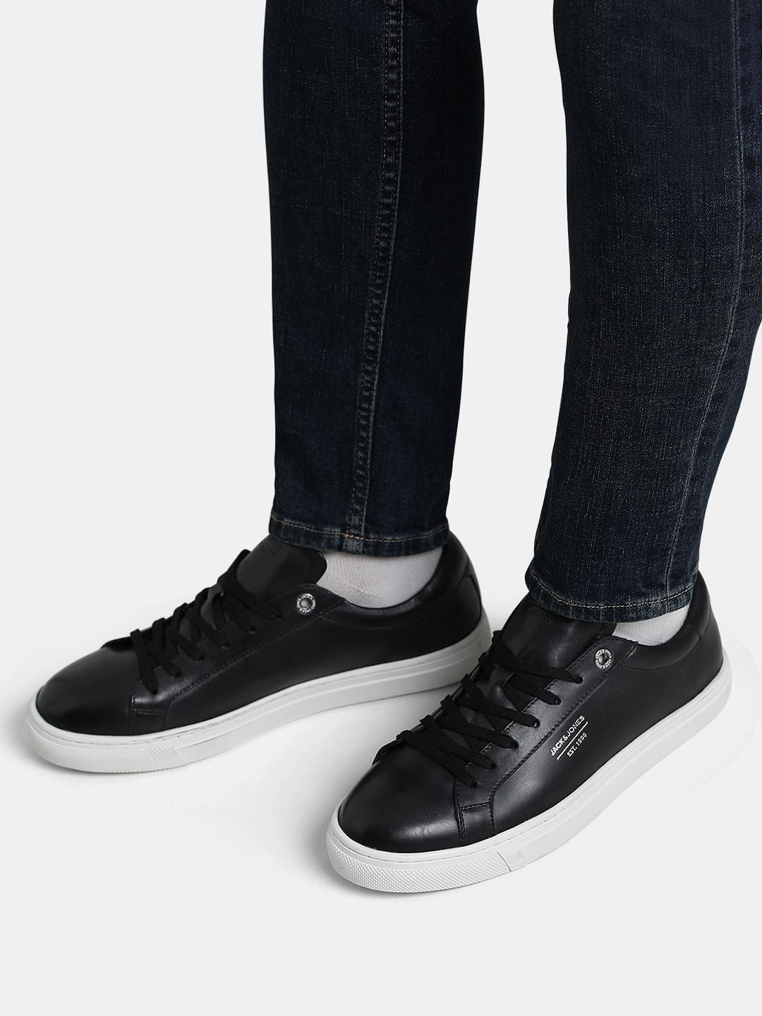 Black Leather Lace-Up Sneakers