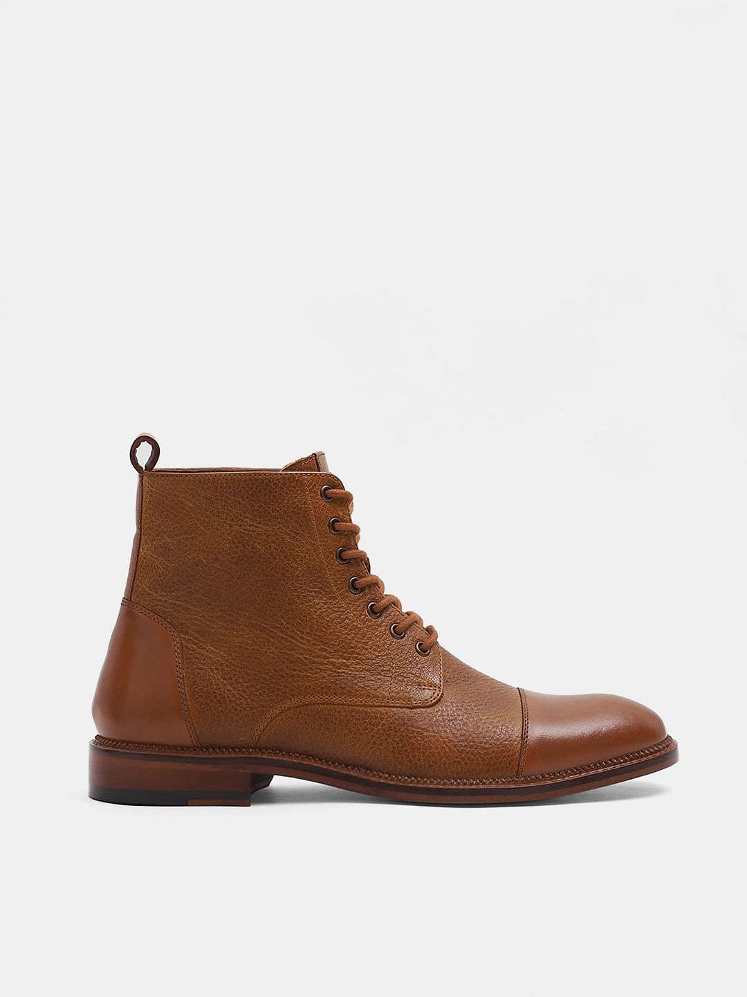 Tan Textured Leather Boots - 40