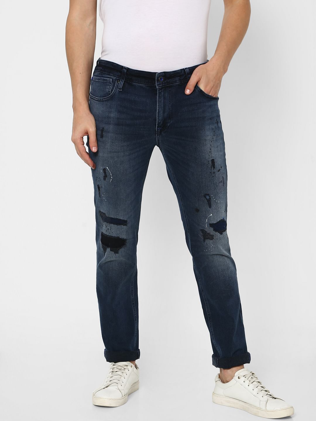 Dark Blue Low Rise Ben Torn Skinny Jeans