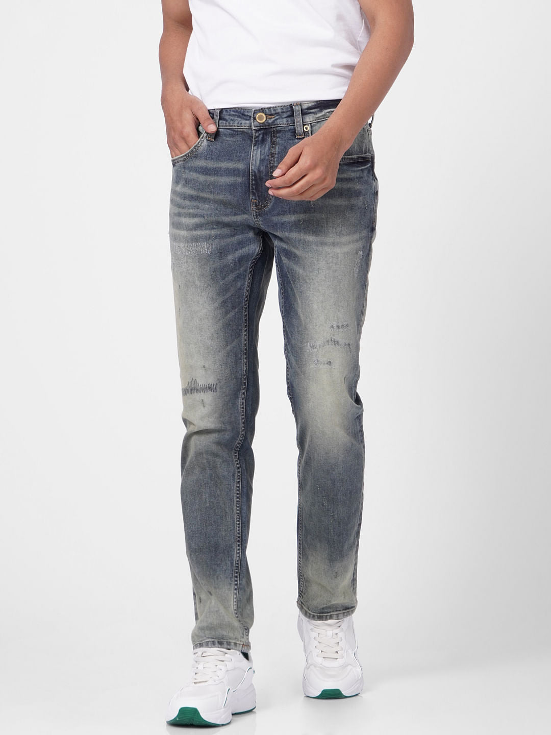 Blue Low Rise Washed Tim Anti Fit Jeans