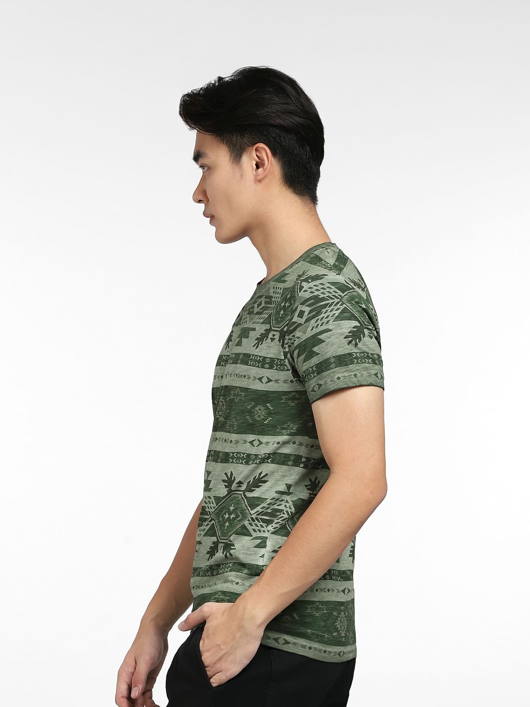 Green Aztec Print Crew Neck T-shirt
