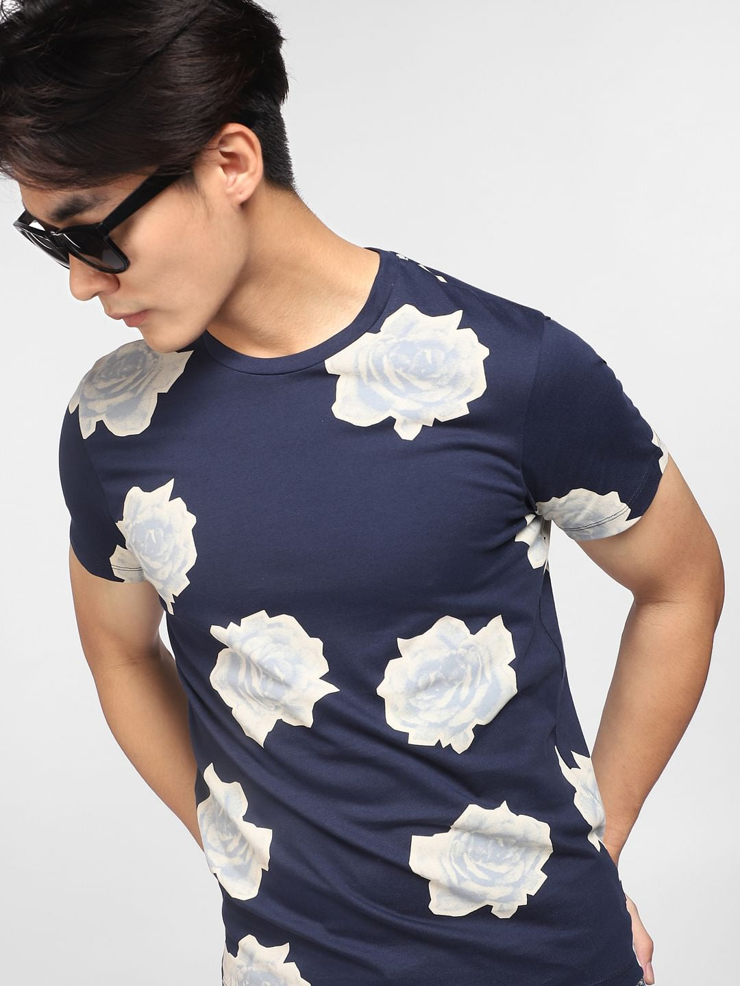 Blue Floral Print Crew Neck T-shirt - S