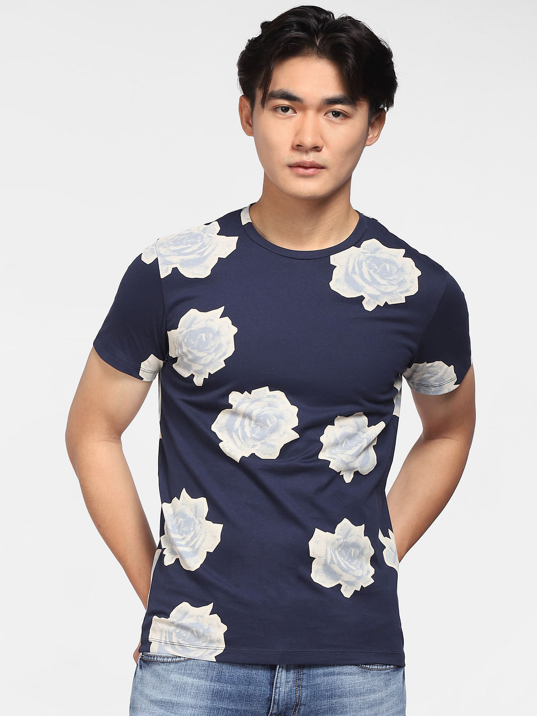 Blue Floral Print Crew Neck T-shirt
