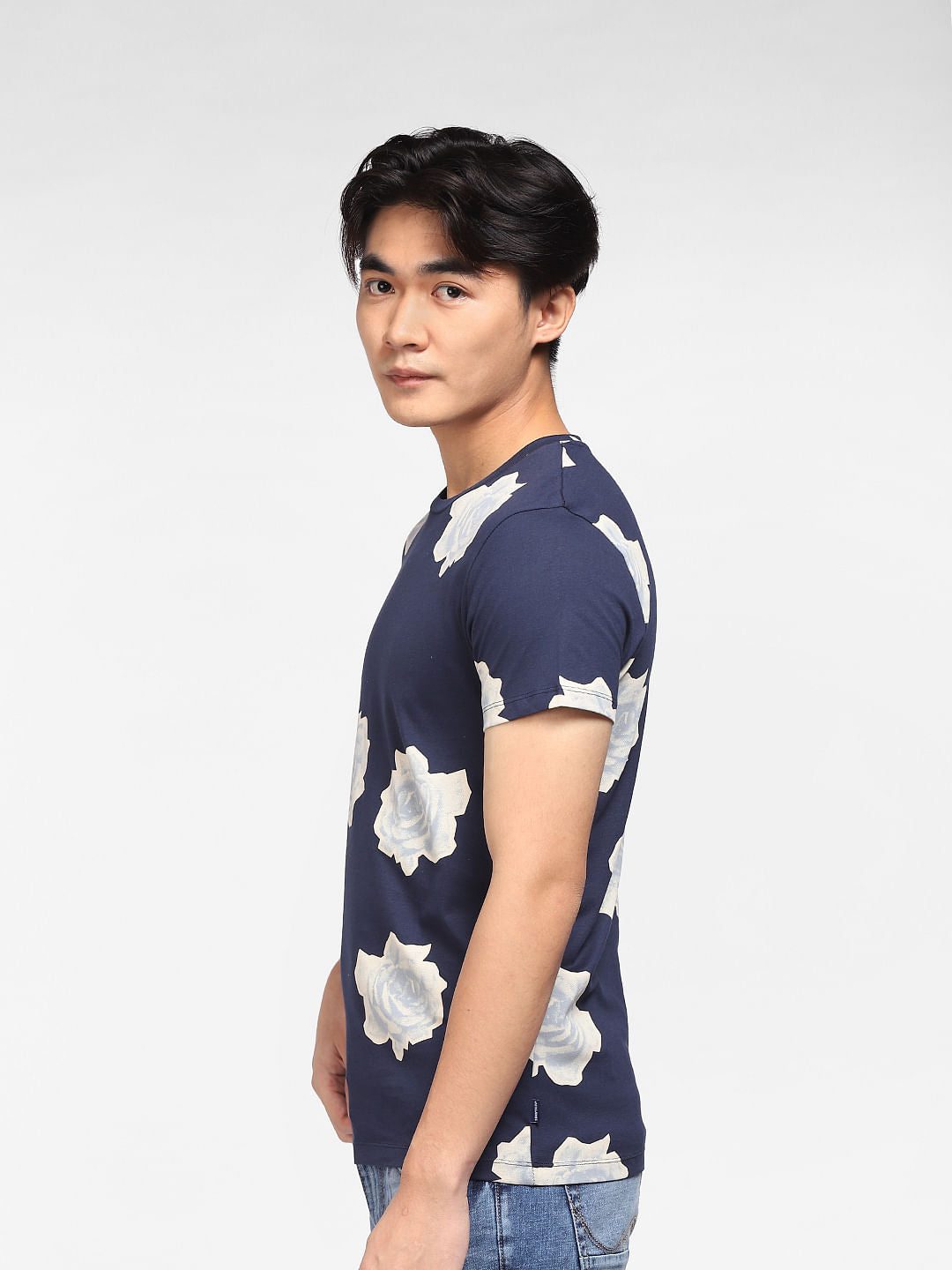 Blue Floral Print Crew Neck T-shirt