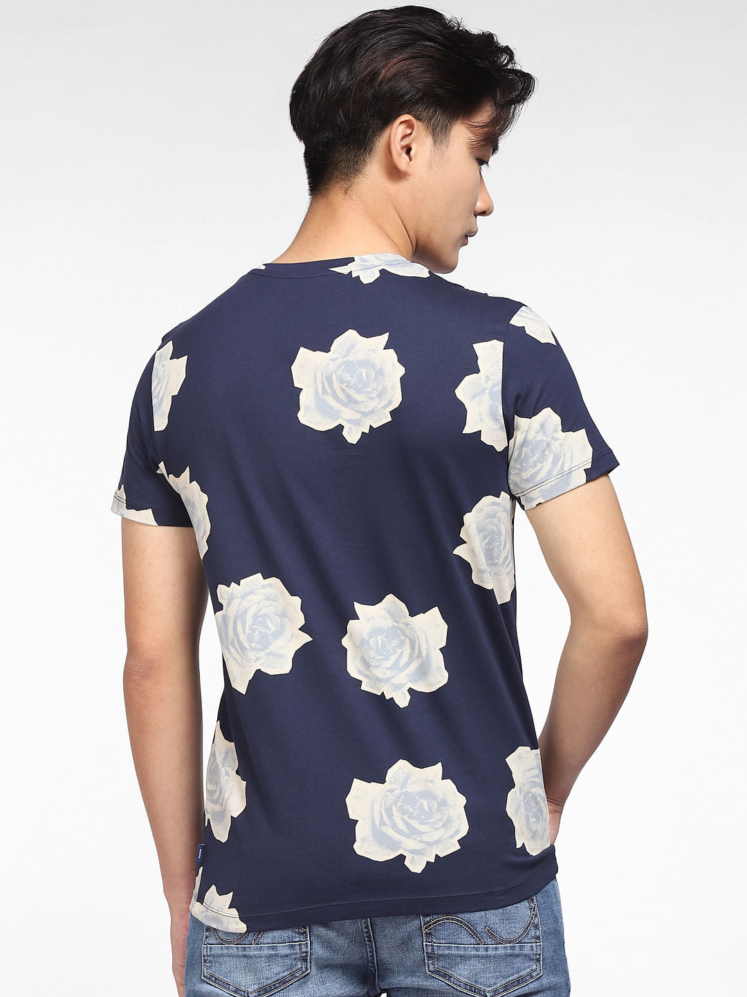 Blue Floral Print Crew Neck T-shirt