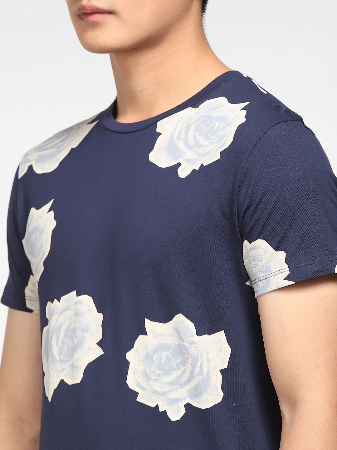 Blue Floral Print Crew Neck T-shirt