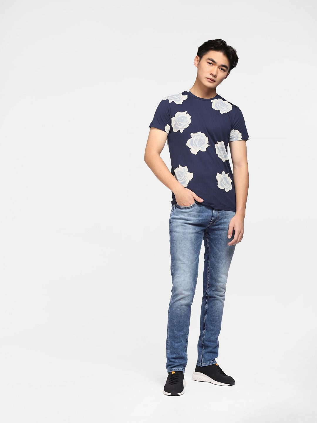 Blue Floral Print Crew Neck T-shirt