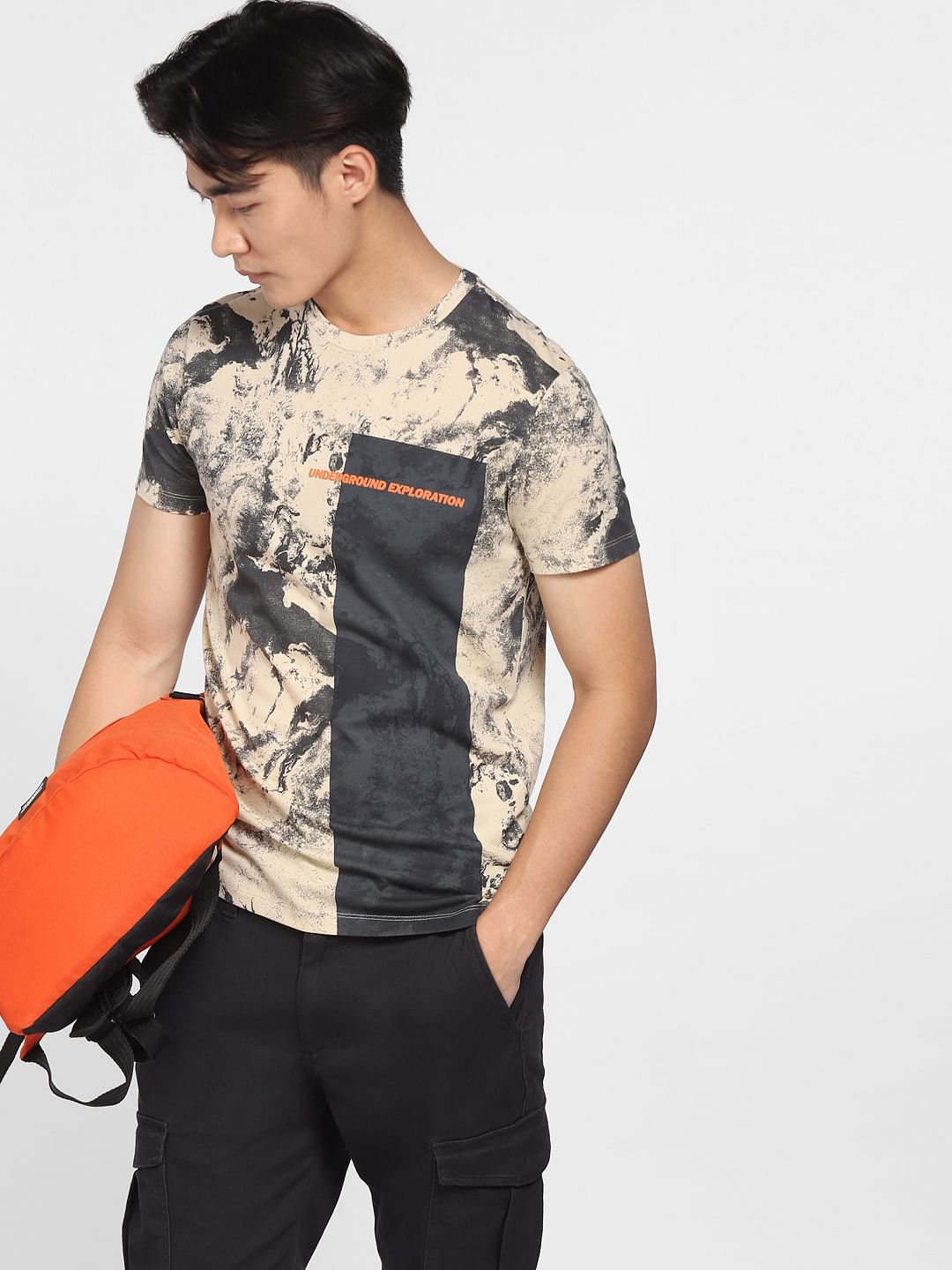 Beige Printed Crew Neck T-shirt - S