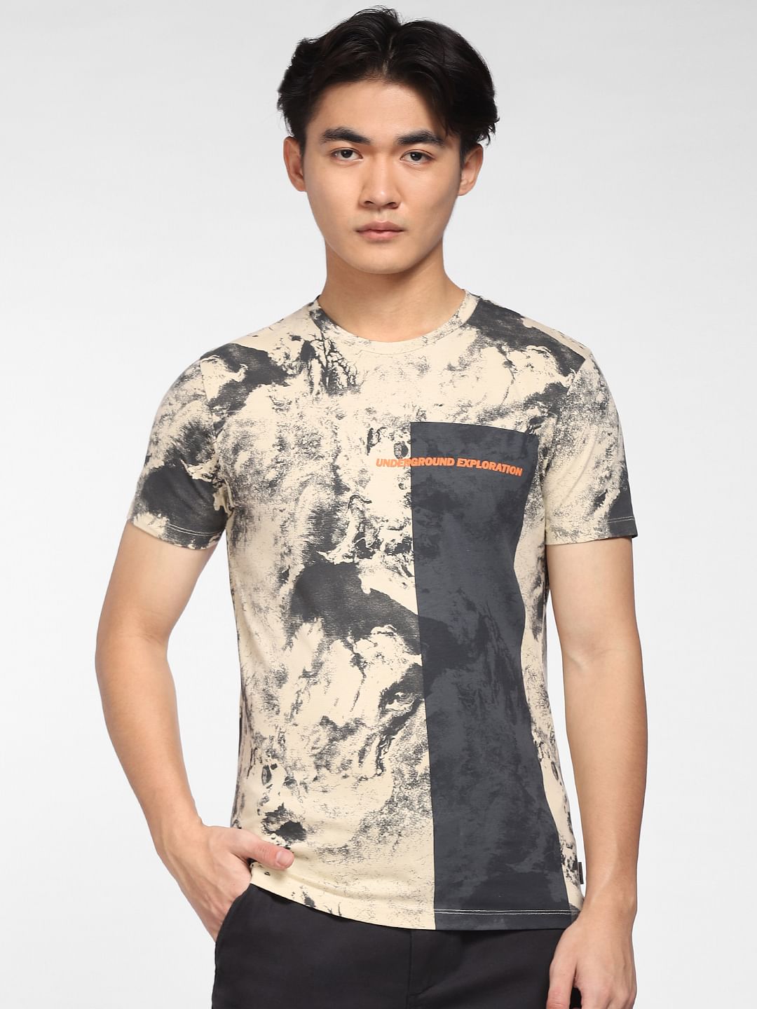 Beige Printed Crew Neck T-shirt