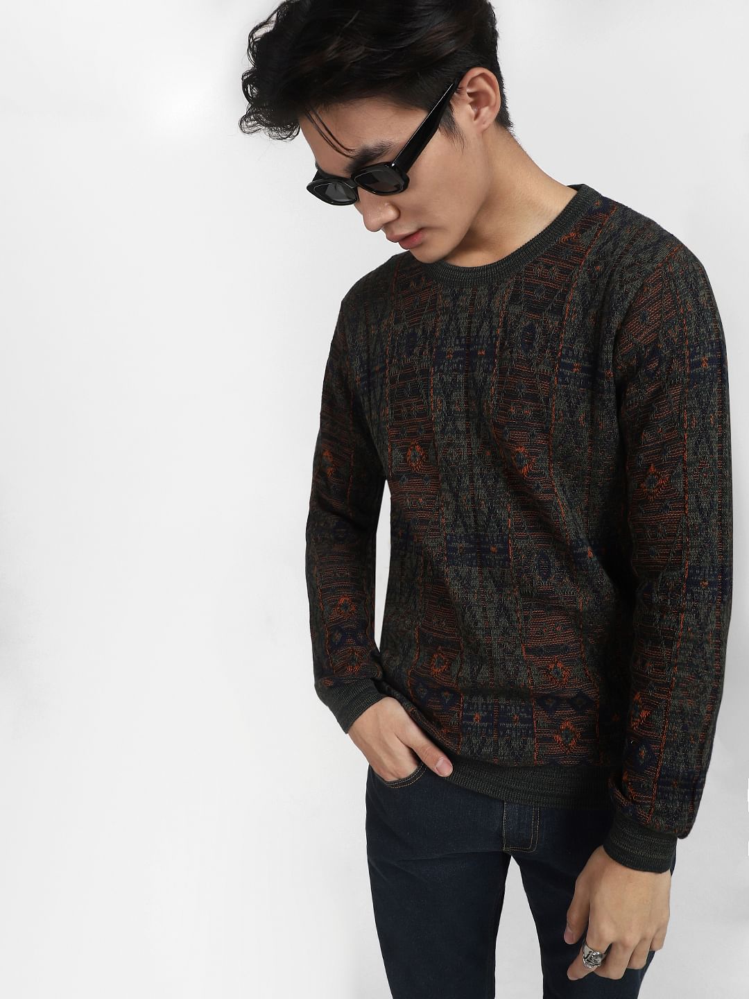 Green Printed Knit Crew Neck T-shirt - S