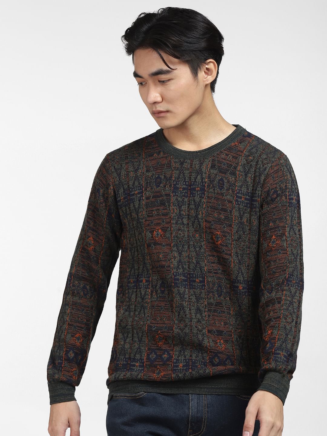 Green Printed Knit Crew Neck T-shirt
