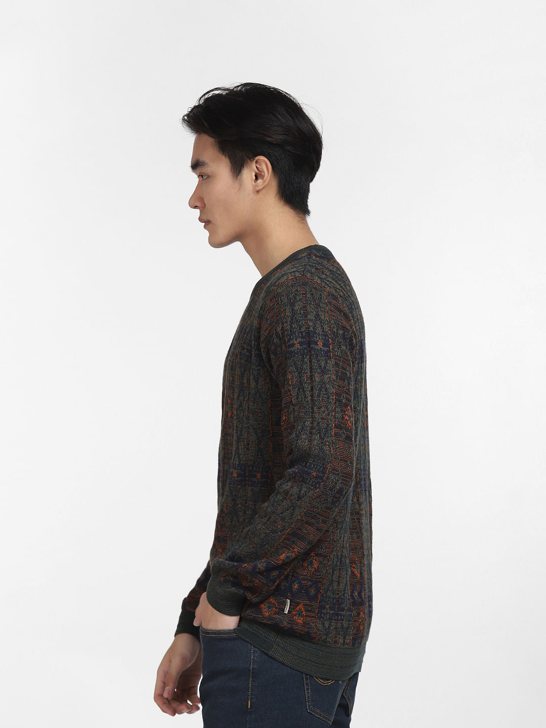 Green Printed Knit Crew Neck T-shirt