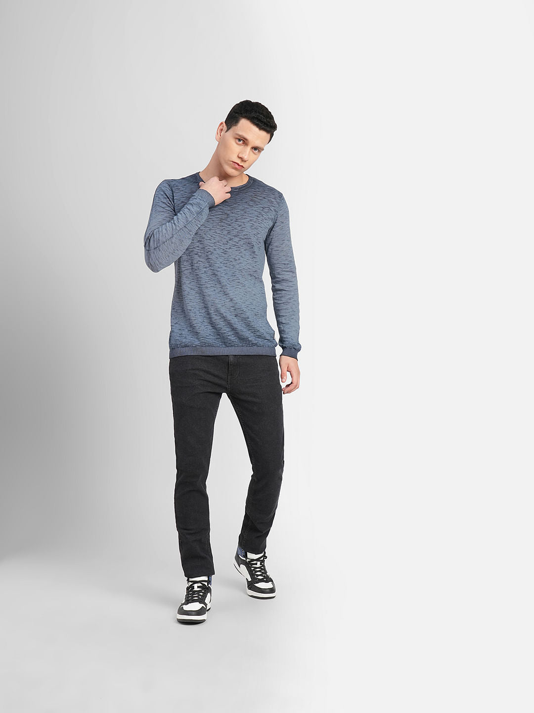 Blue Printed Crew Neck Pullover