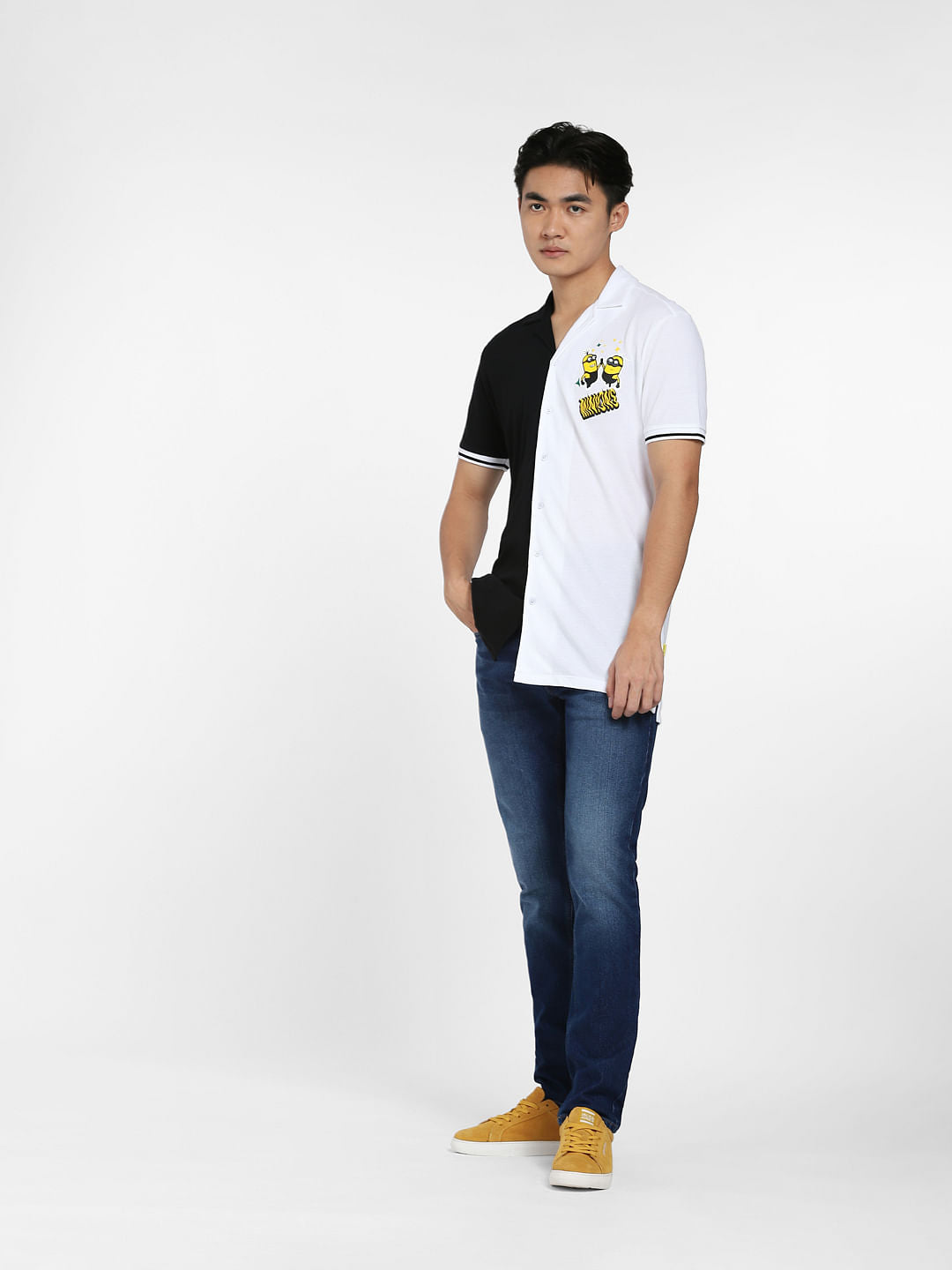 White Colourblocked Minion Print Shirt