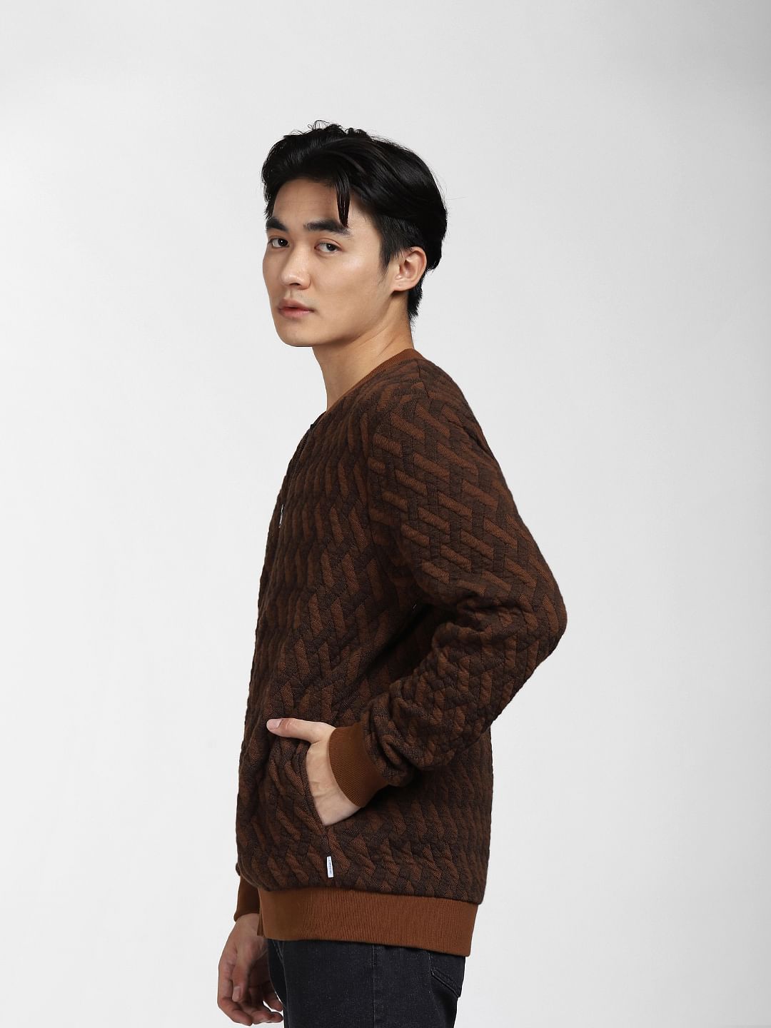 Brown Textured Sweatshirt Jacket