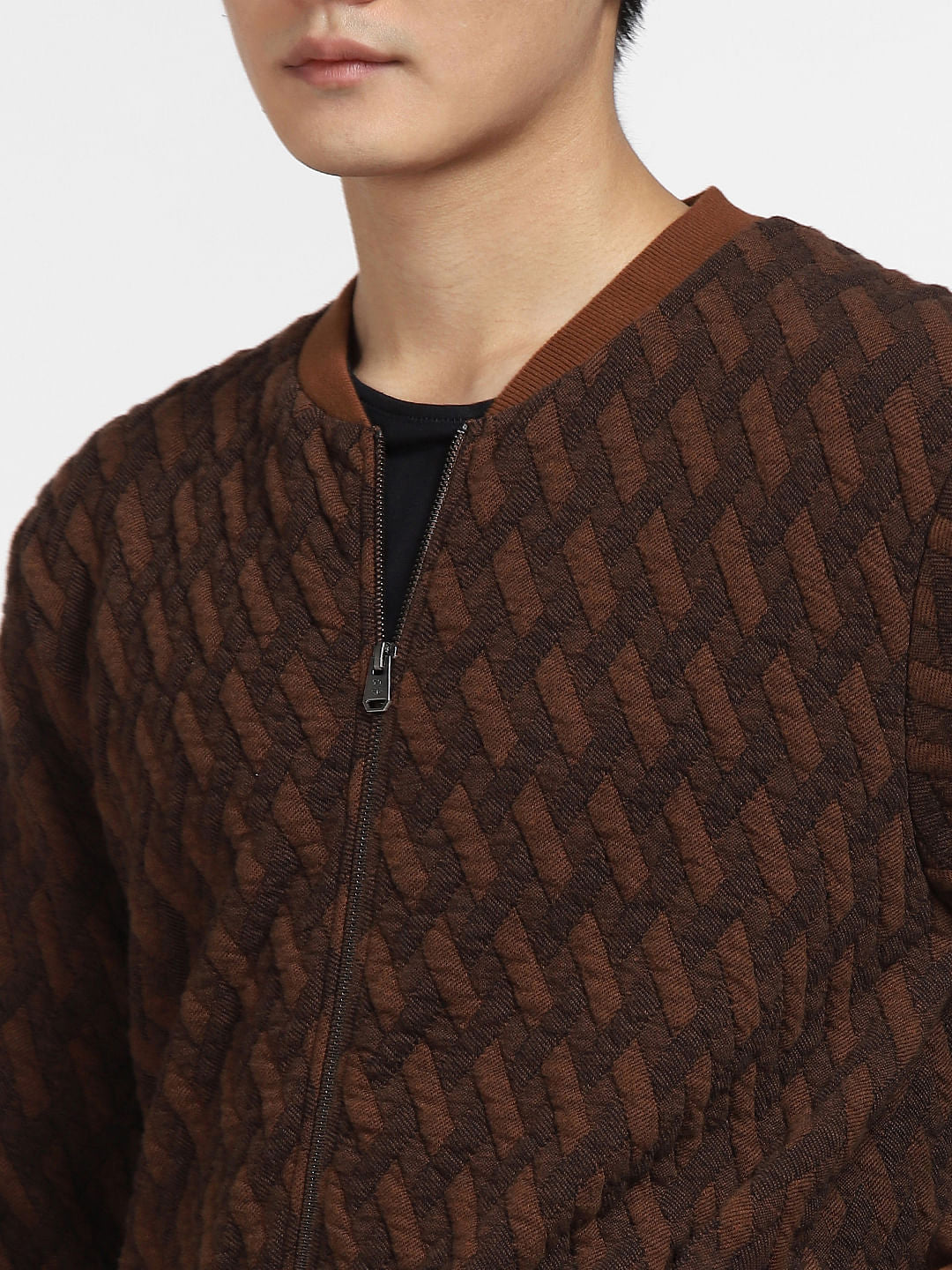 Brown Textured Sweatshirt Jacket