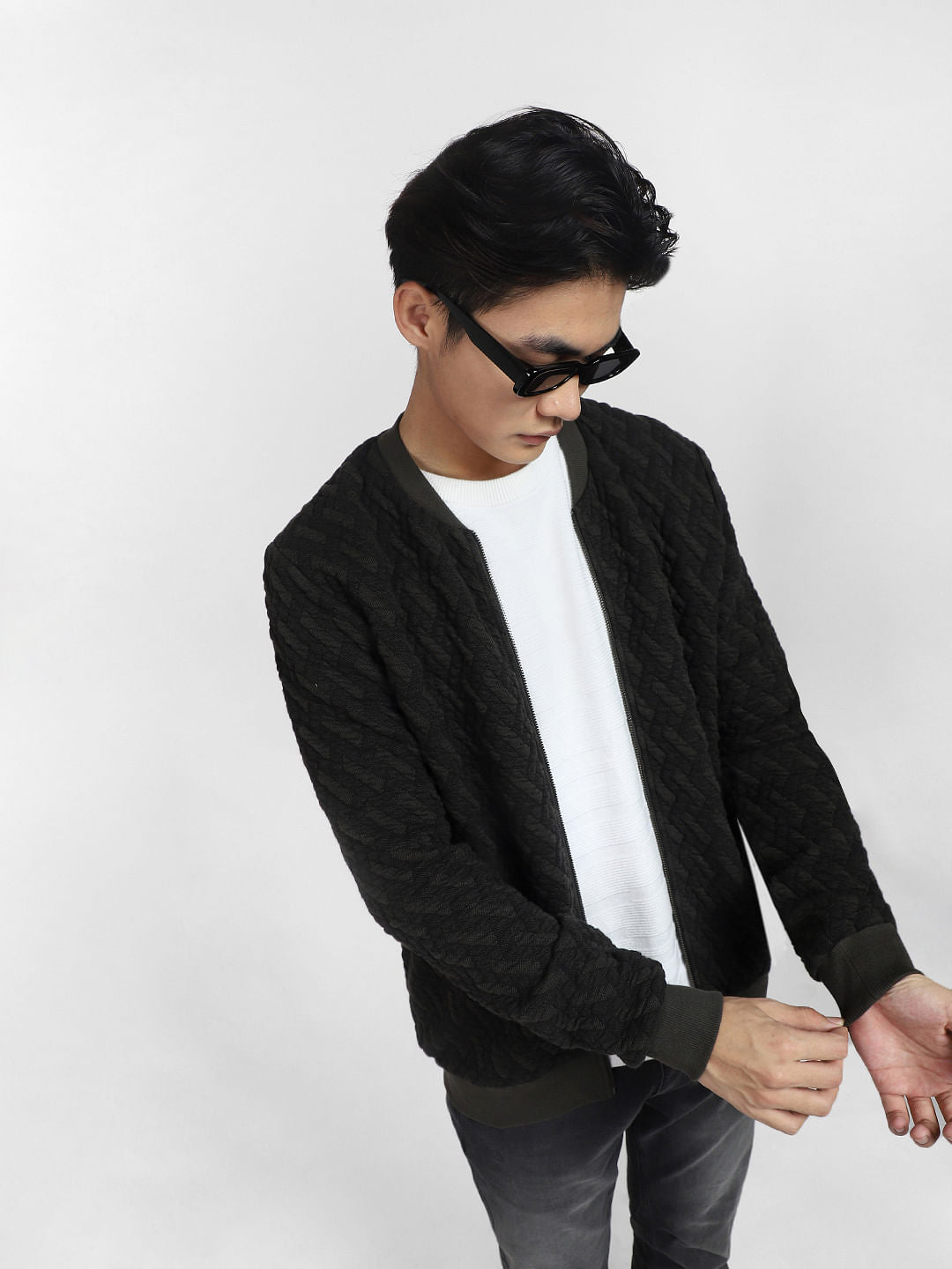 Green Textured Sweatshirt Jacket