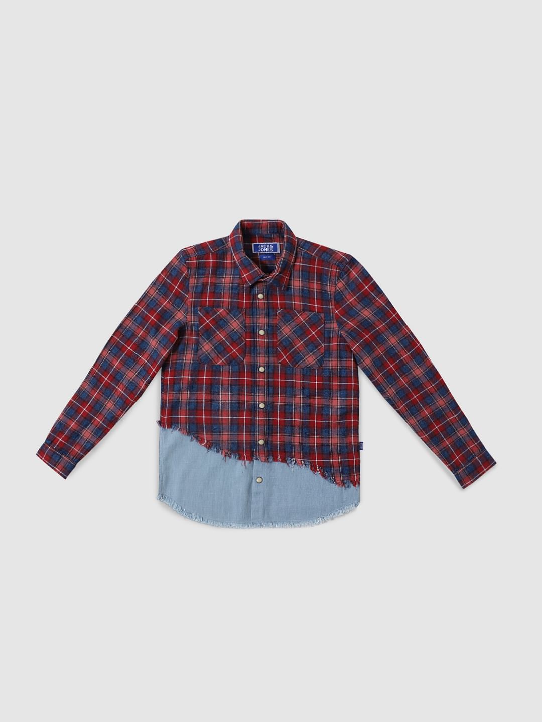 Boys Red Check Denim Patch Full Sleeves Shirt - 4/5Y