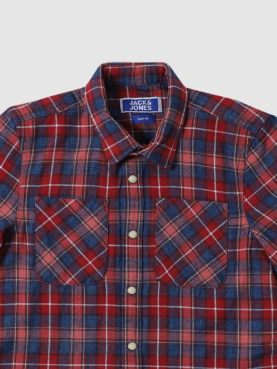 Boys Red Check Denim Patch Full Sleeves Shirt