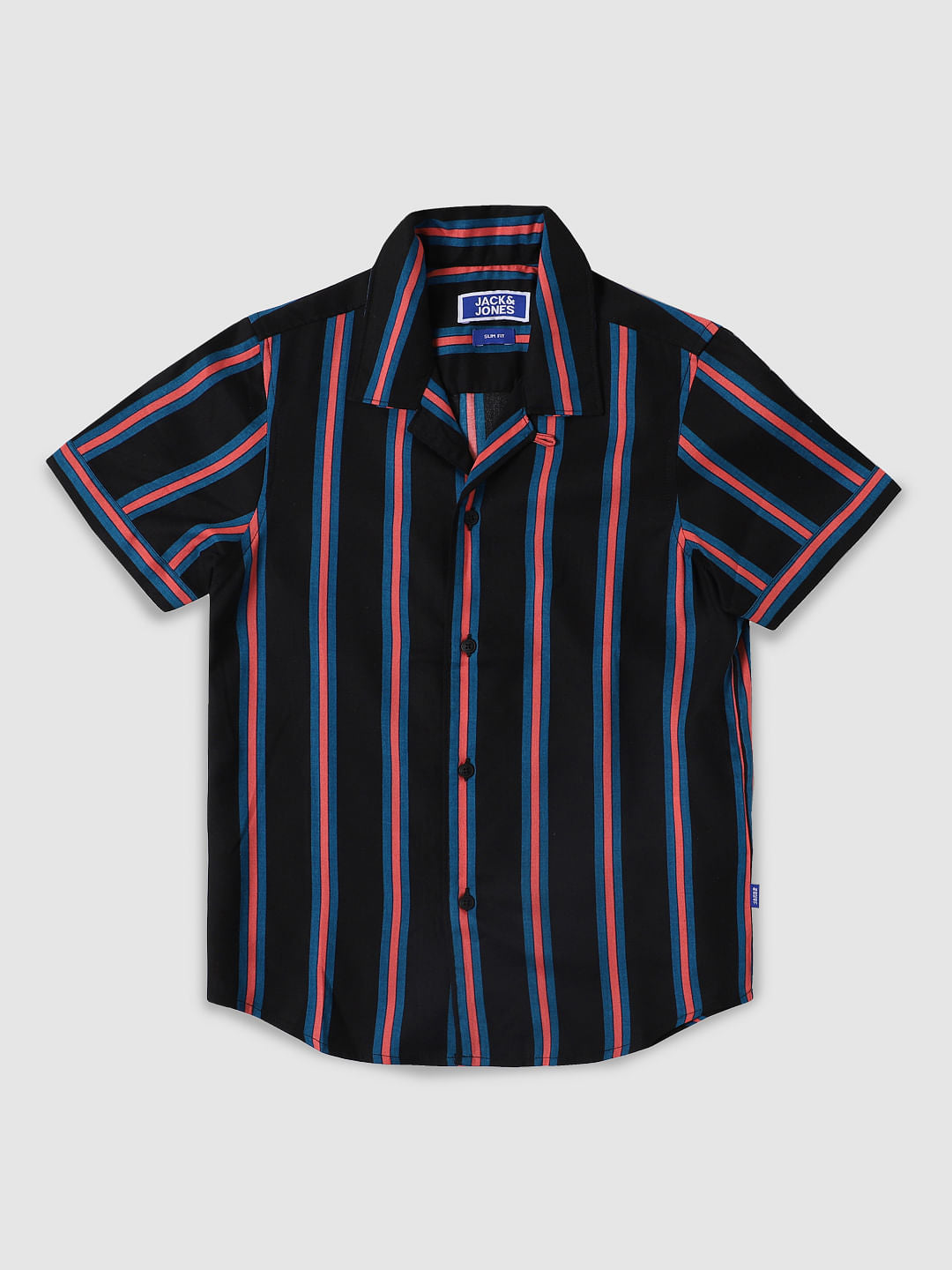 Boys Dark Blue Striped Short Sleeves Shirt - 4/5Y