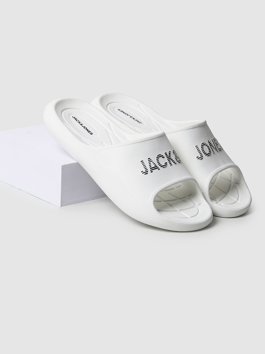 White Logo Print Sliders